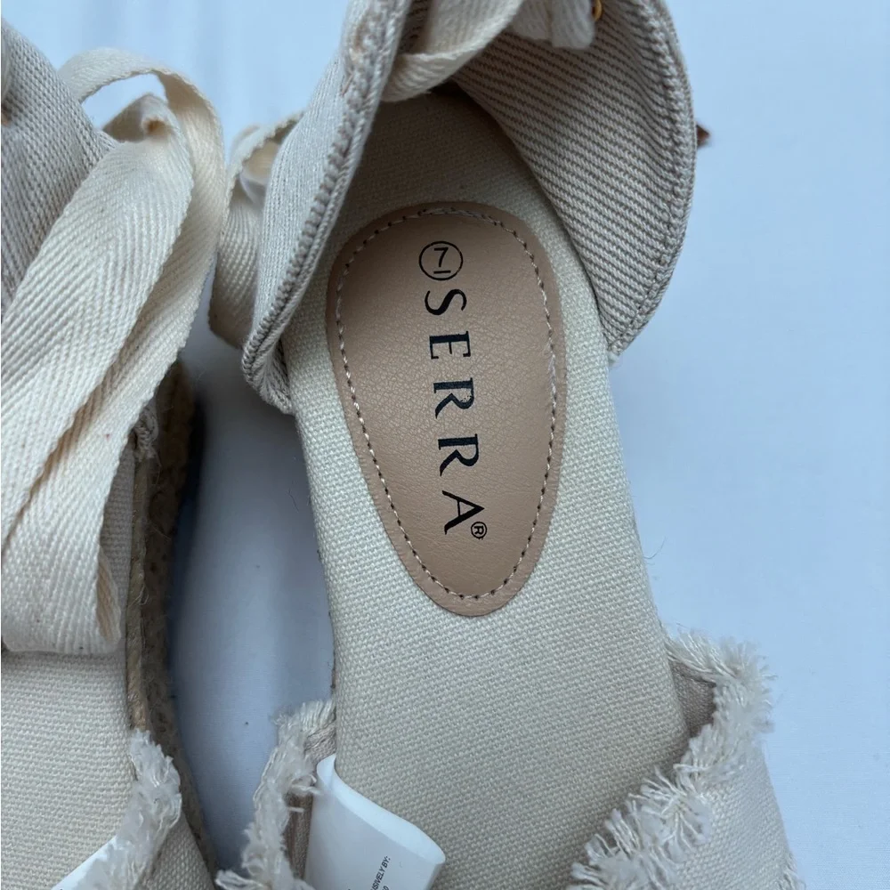 Serra Cream Espadrille Wedges with Textured Fabric Tie Up Boho